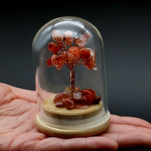 Handheld view of a red crystal tree of life inside a glass dome with a wood base