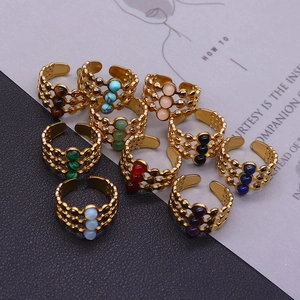 Dreilagiger Tigerauge-Stein-Ring in Vintage-Gold-Optik für Damen mit bunten Perlen