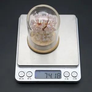 Detail showing natural pink crystal tree in glass dome on a scale weighing 74.18g