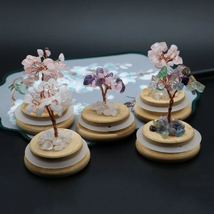 Natural crystal money tree handmade with copper wire and wooden base for home decor