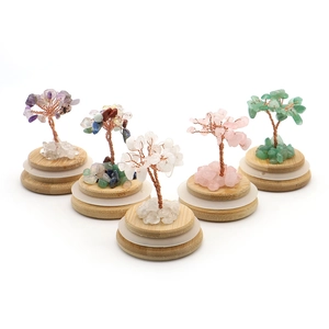 Set of 5 natural crystal money trees with wire branches and wooden bases for home decor