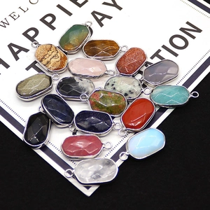 Multiple faceted oval natural stone pendants with silver metal edges for DIY jewelry making