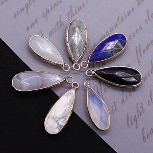Set of 7 faceted natural stone water drop pendants with elegant gold plated metal edges