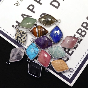Rhombus faceted natural stone pendants with silver-plated frames and top loop rings