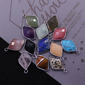 Set of 12 natural stone diamond pendants with silver plated edge and loop for DIY jewelry