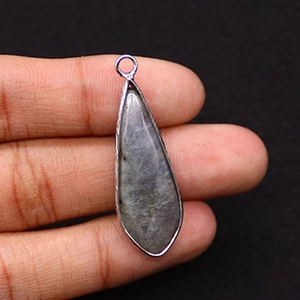 Macro detail of teardrop labradorite pendant with silver metal plating and top ring