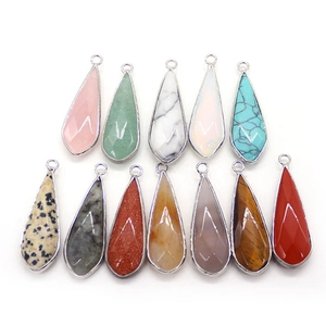 Set of 12 teardrop natural stone pendants with silver metal plating for DIY jewelry making