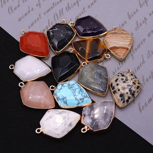 Natural gemstone shield pendants with gold electroplated edges for DIY jewelry making