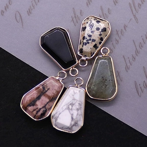 Set of five coffin-shaped natural stone pendants with gold metal plated edges for DIY jewelry