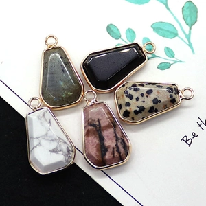 Set of 5 trapezoid natural stone pendants with gold plated edges for DIY jewelry making