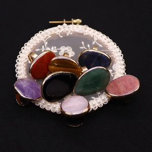 Set of 7 adjustable gold rings with irregular natural stone oval charms for women