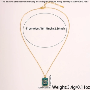Detailed view of teal enamel butterfly pendant necklace showing dimensions and lobster clasp