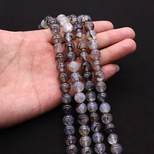Cuentas redondas de ágata veta de dragón negro natural para creación de joyería DIY