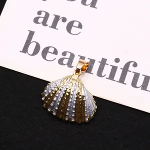 Macro detail of bicolored metallic shell pendant with gold edging and striped texture