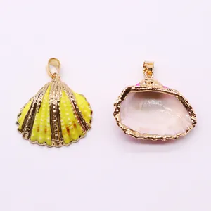 Natural shell snail pendant with electroplated gold edge in yellow and pearly pink