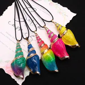 Handmade natural sea shell conch pendants with gold plated edges and black cords
