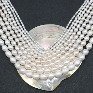 Natürliche weiße Süßwasser-Reisperlen für DIY-Halsketten auf dekorativer Muschelschale