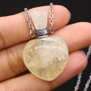 Natural heart-shaped yellow crystal gemstone perfume bottle pendant with silver chain