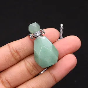 Green aventurine gemstone perfume bottle necklace with faceted geometric stone pendant