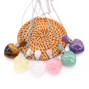 Natural gemstone heart perfume bottle necklaces in tiger eye, amethyst, and rose quartz