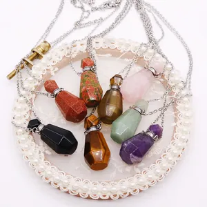 Natural crystal gemstone perfume bottle necklaces in octagonal prism shapes with silver chains