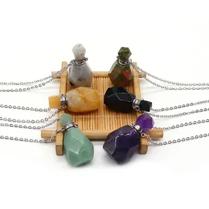 Natural gemstone perfume bottle necklaces set with multifaceted crystal pendants