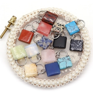 Set of 13 colorful natural stone heart lock pendants with silver clasps for DIY jewelry
