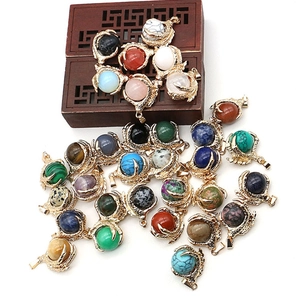 Retro Dragon Claw Natural Stone Pendant Golden Electroplated Zinc Alloy Round Bead Charm For DIY Necklace Jewelry Making