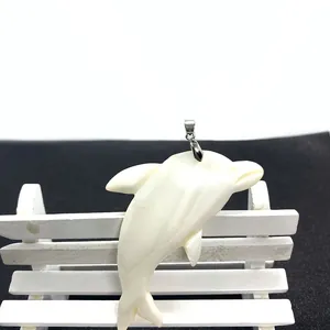 Polished natural seashell dolphin pendant with silver bail for DIY jewelry necklace