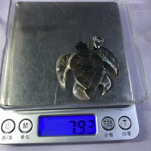 Macro shot showing a carved sea turtle shell pendant weighing 7.93g on a scale
