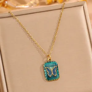 18K Gold Plated Stainless Steel Pendant Necklace Vintage Enamel Butterfly Square Card Choker For Women Daily Fashion Jewelry