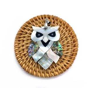 Natural sea shell owl pendant with abalone and white mother of pearl inlay work