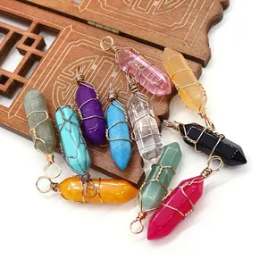 Natural Stone Hexagonal Column Pendant Handmade Wire Wrapped Crystal Point Healing Stone DIY Necklace Jewelry Making Accessories