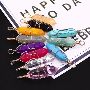 Handmade wire-wrapped hexagonal crystal pendants in multiple natural stone colors