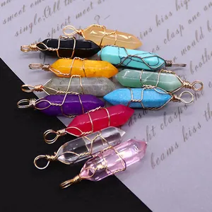 Handmade wire wrapped natural stone hexagonal column crystal pendants in assorted colors