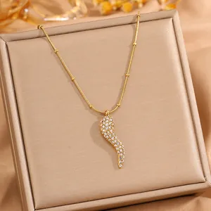Collar de Colgante de Cuerno Italiano Chile de Acero Inoxidable de Moda para Mujer Chapado en Oro con Zirconia