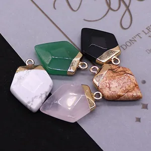 Five hexagonal faceted gemstone pendants with gold caps for DIY necklace making