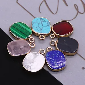 Set of seven oval natural stone pendants with gold alloy edging for DIY jewelry making