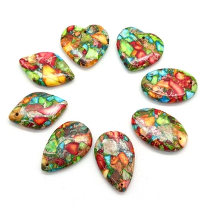 Pendenti in Pietra Naturale Diaspro Imperiale Multicolore Forma Cuore Ovale Goccia Rombo Ciondoli in Pietra Dura Tinta Per Creazione Gioielli Fai-da-te