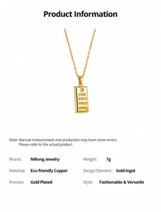 Vue détaillée du collier pendentif lingot en plaqué or 18K avec fiches techniques