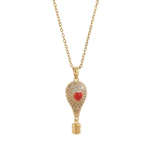 Collar de globo aerostático dorado con cristales blancos y colgante de corazón rojo 3D
