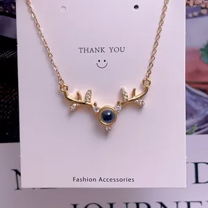 Detailed view of gold antler necklace with projection stone on white display card