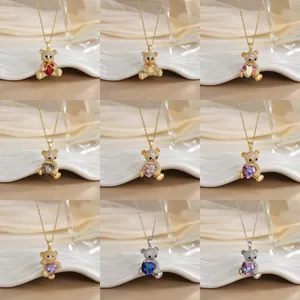 Collier Pendentif Ours en Acier Titane pour Femme Forme de Cœur Cristal Zircone Incrusté Or Argent Bijoux de Mode Chaîne Clavicule