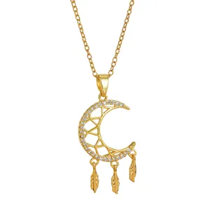Elegant gold crescent moon dreamcatcher necklace with feathers and sparkling cubic zirconia