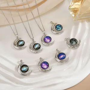 Galaxy Sterrenhemel Maan Hanger Halsketting Voor Vrouwen Koper Roestvrij Staal Strass Gegalvaniseerde Mode Sieraden Sleutelbeen Ketting