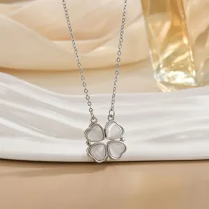 Elegant silver stainless steel necklace with heart-shaped clover pendant and cat eye stone