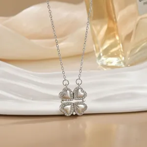 Silver clover heart necklace with zircon inlay and magnetic folding pendant for women