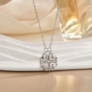 Versatile four-leaf clover folding heart necklace with glittering zircon in silver finish