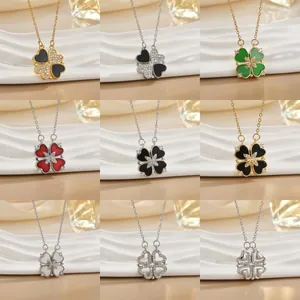 Versatile four-leaf clover folding necklace with magnetic heart pendants in multiple colors