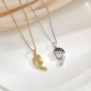Minimalist magnetic couple necklaces with gold plating and Her King engraving with zircons